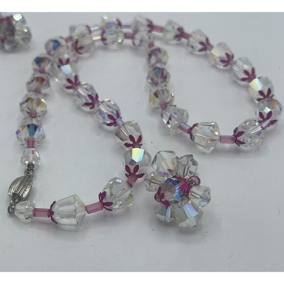 Vintage Vendome Aurora Borealis Crystal Fuschia Metal Necklace Earring Set Rare - Picture 13 of 15